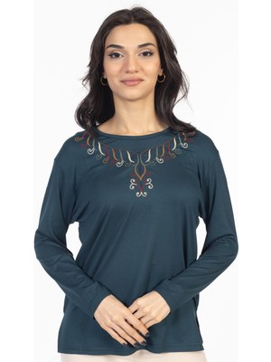 Mutlu City Yeni Model 2024 Nakış Işlemeli Yuvarlak Yaka Likralı Anne Penye Bluz 6450