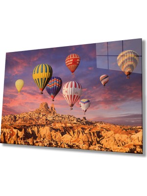 Miraax Uçan Balonlar Kapadokya Cam Tablo Ev ve Ofis Duvar Dekoru