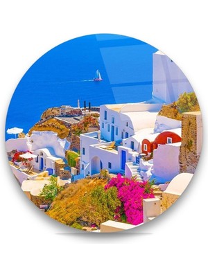 Miraax Deniz Manzaralı Beyaz Evler Yuvarlak Cam Tablo