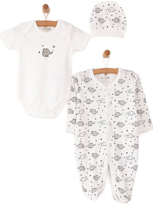 HelloBaby HelloBaby Yenidoğan Bebek Sevimli Fil Kendinden Eldivenli Tulum-Body- Şapka 3lü Set