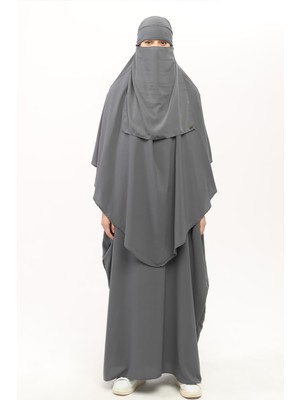 Altobeh Sultanbaş Nikaplı Çarşaf Cilbab Khimar Abaya Kolu Lastikli Hakim Yaka Peçeli Ferace Medine İpek-Füme-L/XL