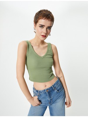 Koton Crop V Yaka Atlet Pamuklu Ribanalı Slim Fit