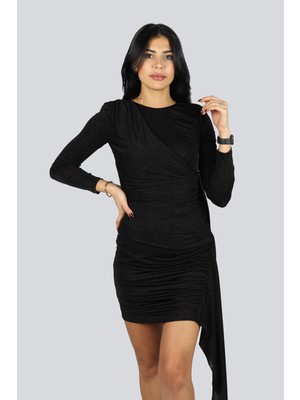 Explosion Kadın Logolu Mini Boy Uzun Kollu Yuvarlak Yakalı Siyah Elbise EXP57379-SİYAH