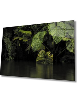 Miraax Büyük Yeşil Yapraklar Manzara Yeşil Cam Tablo