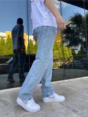Kaizer Denim Erkek Buz Mavi Baggy Pantolon Düz Desenli Rahat Kesim 36 Beden