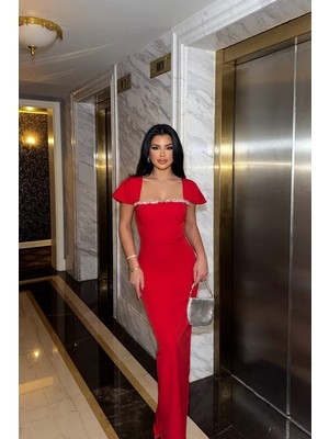 Eyyo Kırmızı Taş Detay Midi Elbise ATE-0841