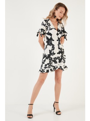 Lela Kruvaze Yaka Fırfır Detaylı Mini Elbise Bayan Elbise 5865076