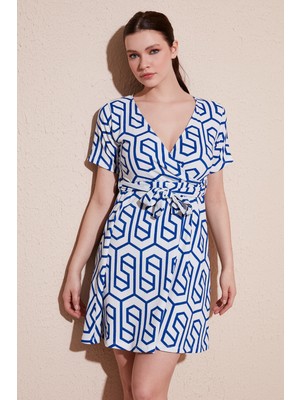 Lela Desenli Kruvaze Yaka Mini Elbise Bayan Elbise 5865618