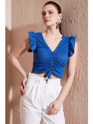 Lela Büzgü Detaylı Kolları Fırfırlı Dar Kesim Crop Bluz Bayan Bluz 5865015