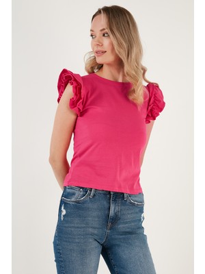 Lela Pamuklu Kolları Fırfırlı Slim Fit Bisiklet Yaka T Shirt Bayan T Shirt 5864500