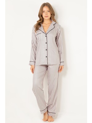 Doremi Çizgili Doğal Viskon Soft Yumuşak Düğmeli Pijama Takımı