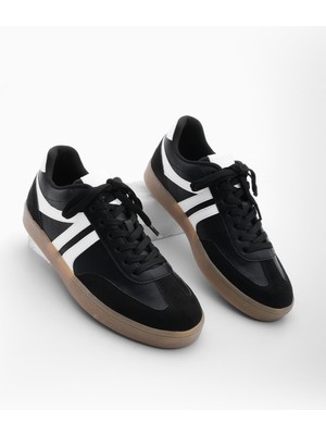 Marjin Kadın Sneaker Bağcıklı Düz Taban Spor Ayakkabı Tiyone Siyah