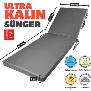 Ultra Kalın Şezlong Minderi Fermuarlı Su İtici Kumaş Katlanır Şezlong Minderi Katlanabilir Plaj Minderi 60x180x7 Gri