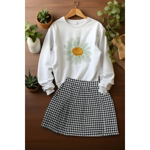 Ada Bebek Çocuk Tarz Ekose Etekli Watercolor Papatya Desenli Sweat Etek Takım