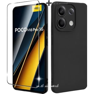 M.TK Moveteck Poco M6 Pro Kılıf Kamera Korumalı Yumuşak Darbe Korumalı Siyah Silikon + 9h Ekran Koruyucu Cam Set