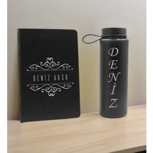 Bk Gift Kişiye  Özel Isimli Siyah Defter ve Cam Matara Hediye Seti-8, Sevgiliye Hediye, Arkadaşa Hediye, Yeni Iş Hediyesi