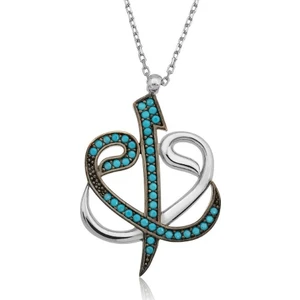 Takı Dükkanı Çift Vav Elif Harfi Gümüş Kolye Firuze Taşlı WSN144 Beyaz