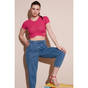 Fitilli Bel Detaylı Kısa Kollu Dar Kesim Crop Bluz Bayan Bluz 5864211