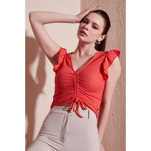 Büzgü Detaylı Kolları Fırfırlı Dar Kesim Crop Bluz Bayan Bluz 5865015