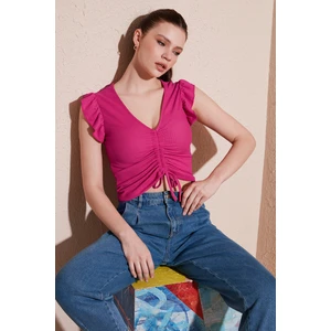 Büzgü Detaylı Kolları Fırfırlı Dar Kesim Crop Bluz Bayan Bluz 5865015