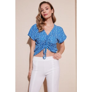 Desenli Önü Büzgülü V Yaka Crop Bluz Bayan Bluz 5864486Y4