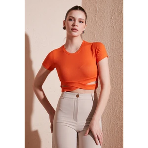 Fitilli Bel Detaylı Kısa Kollu Dar Kesim Crop Bluz Bayan Bluz 5864211