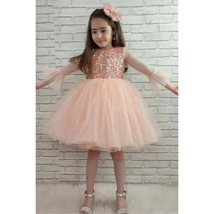 Miço Kids Pulpayetli Tül Kollu Tütü Kız Çocuk Abiye Elbise Somon
