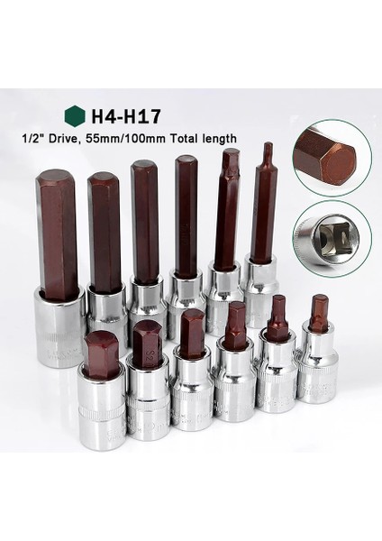 55 mm x H4 Stili 1 Parça Quare Sürücü Lokma Anahtarı Altıgen Cırcır Tornavida Uçları Adaptör Kafası Uzun H4 H5 H6 H7 H8 H10 H12 H14 H16 H17 (Yurt Dışından)