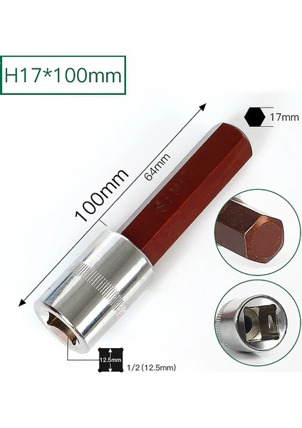 100MM x H17 Stili 1 Parça Quare Sürücü Lokma Anahtarı Altıgen Cırcır Tornavida Uçları Adaptör Kafası Uzun H4 H5 H6 H7 H8 H10 H12 H14 H16 H17 (Yurt Dışından)