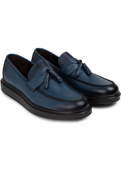 Deri Mavi Püsküllü Erkek Loafer - 01587MMVIP07