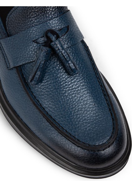 Deri Mavi Püsküllü Erkek Loafer - 01587MMVIP07