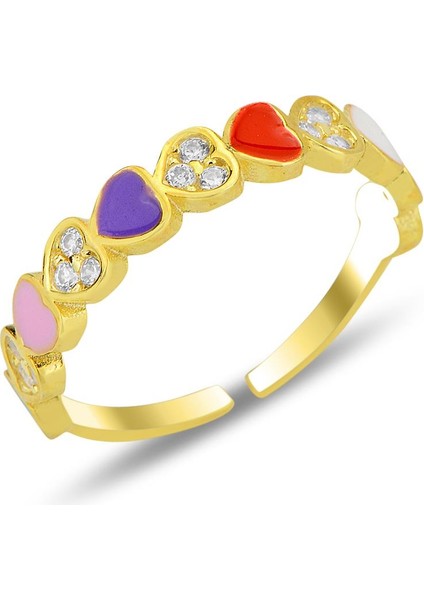 Gümüş Altın Yaldızlı Zirkon Taşlı Alttan Ayarlanabilir Renkli Mineli Kalp Yüzük SGTL12309GOLD