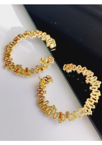 925 Ayar Gümüş Zirkon Taşlı Su Yolu Gold Halka Trend Renkli Kadın Küpe Sevgililer Günü Hediye