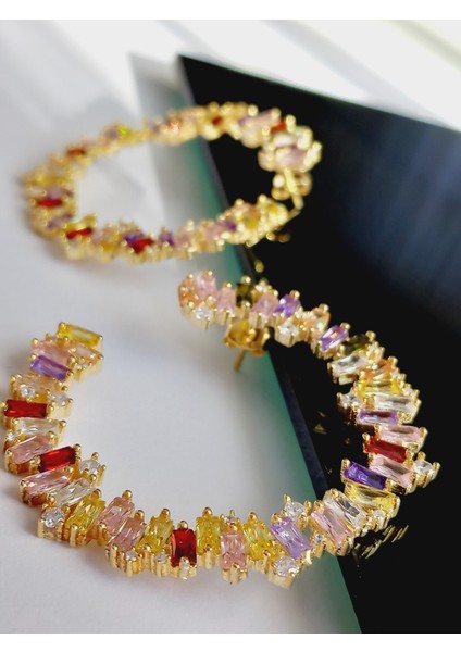 925 Ayar Gümüş Zirkon Taşlı Su Yolu Gold Halka Trend Renkli Kadın Küpe Sevgililer Günü Hediye modelleri