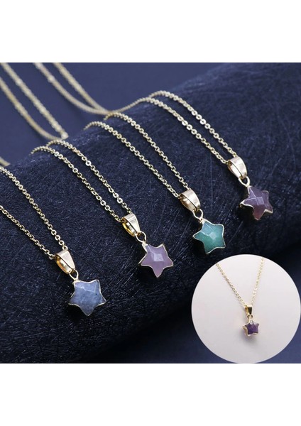 Doğal Taş Yönlü Pentagram Kristal Gemstone Charms Kadın Kolye (Yurt Dışından)