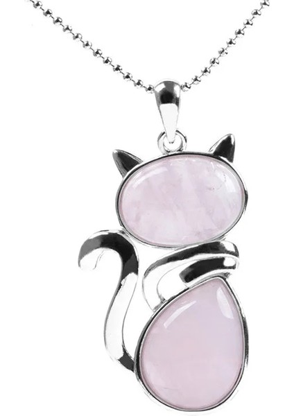 Doğal Taş Pembe Kuvars Kadın Kız Sevimli Kedi Şekli Kaya Siyah Oniks Boncuk Zincir Takı Kolye (Yurt Dışından)