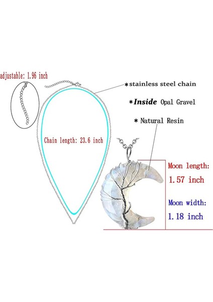 7 Çakra Hayat Ağacı Tel Sarma Hilal Aylar Kristal Çip Kuvars Doğal Taş Reçine Paslanmaz Çelik G931 Kolye (Yurt Dışından)