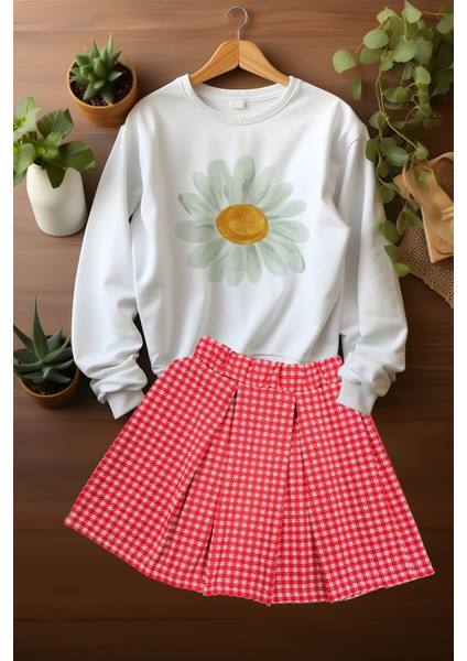 Tarz Ekose Etekli Watercolor Papatya Desenli Sweat Etek Takım