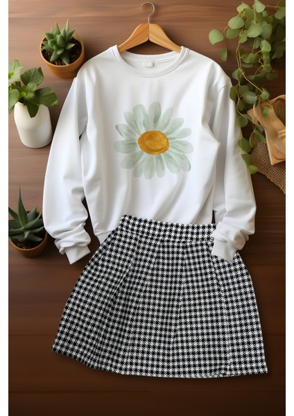 Tarz Ekose Etekli Watercolor Papatya Desenli Sweat Etek Takım
