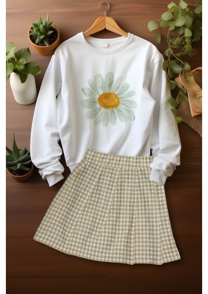 Tarz Ekose Etekli Watercolor Papatya Desenli Sweat Etek Takım