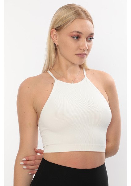 Yeni Sezon Ince Askılı Boyun Bağlamalı Fitilli Toparlayıcı Crop Büstiyer Beyaz modelleri