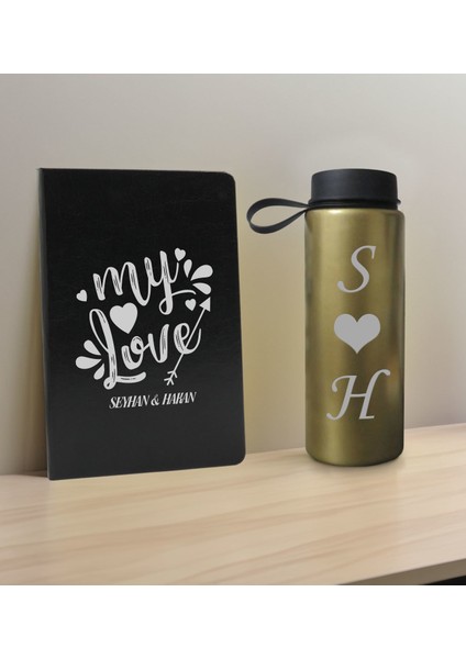 Sevgiliye Özel Isimli Siyah Defter ve Gold Cam Matara Seti 9