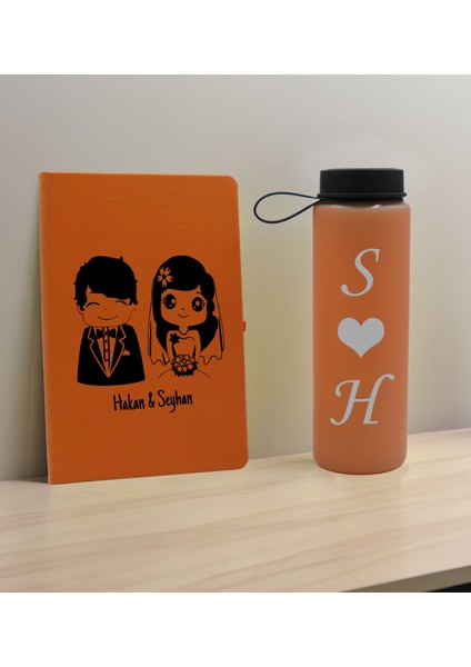 Sevgiliye Özel Isimli Turuncu Defter ve Somon Cam Matara Seti 1