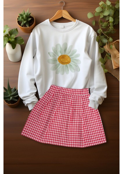 Tarz Ekose Etekli Watercolor Papatya Desenli Sweat Etek Takım modelleri