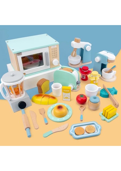 Qcl- Blender Stili 3D Ahşap Çocuk Mutfak Eşyaları Oyuncak Simülasyon Ahşap Kahve Makinesi Tost Makinesi Kız Oyun Evi Rol Oynamak Eğitici Oyuncaklar (Yurt Dışından)