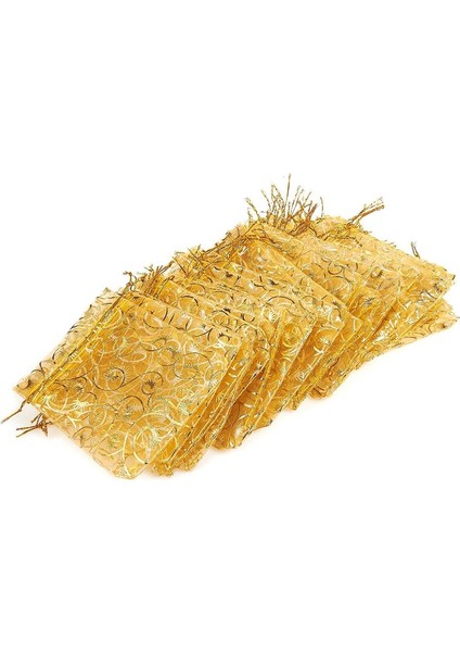100 Adet 10X15 cm Kirpik Baskılı Altın Organze Çantalar Takı Kese Çanta Organze Ipli Torbalar Düğün Iyilik Şeker Hediye Keseleri (Yurt Dışından)