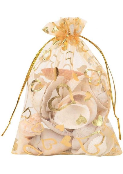100 Adet 9X12 cm Şeffaf Ipli Kalp Organze Takı Torbalar Düğün Parti Noel Favor Hediye Keseleri (Altın) (Yurt Dışından)