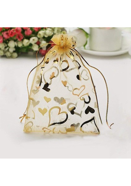 100 Adet 9X12 cm Şeffaf Ipli Kalp Organze Takı Torbalar Düğün Parti Noel Favor Hediye Keseleri (Altın) (Yurt Dışından)