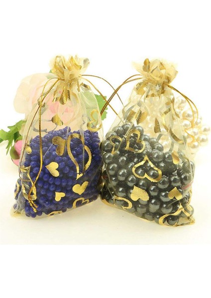 100 Adet 9X12 cm Şeffaf Ipli Kalp Organze Takı Torbalar Düğün Parti Noel Favor Hediye Keseleri (Altın) (Yurt Dışından)