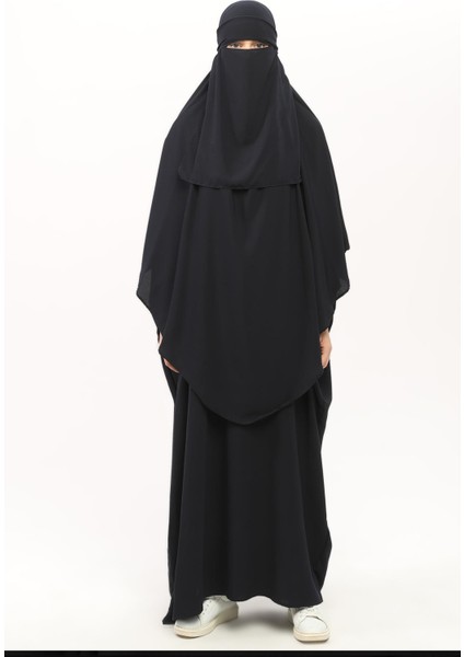 Sultanbaş Nikaplı Çarşaf Cilbab Khimar Abaya Kolu Lastikli Hakim Yaka Peçeli Ferace Medine İpek-Lacivert-L/XL